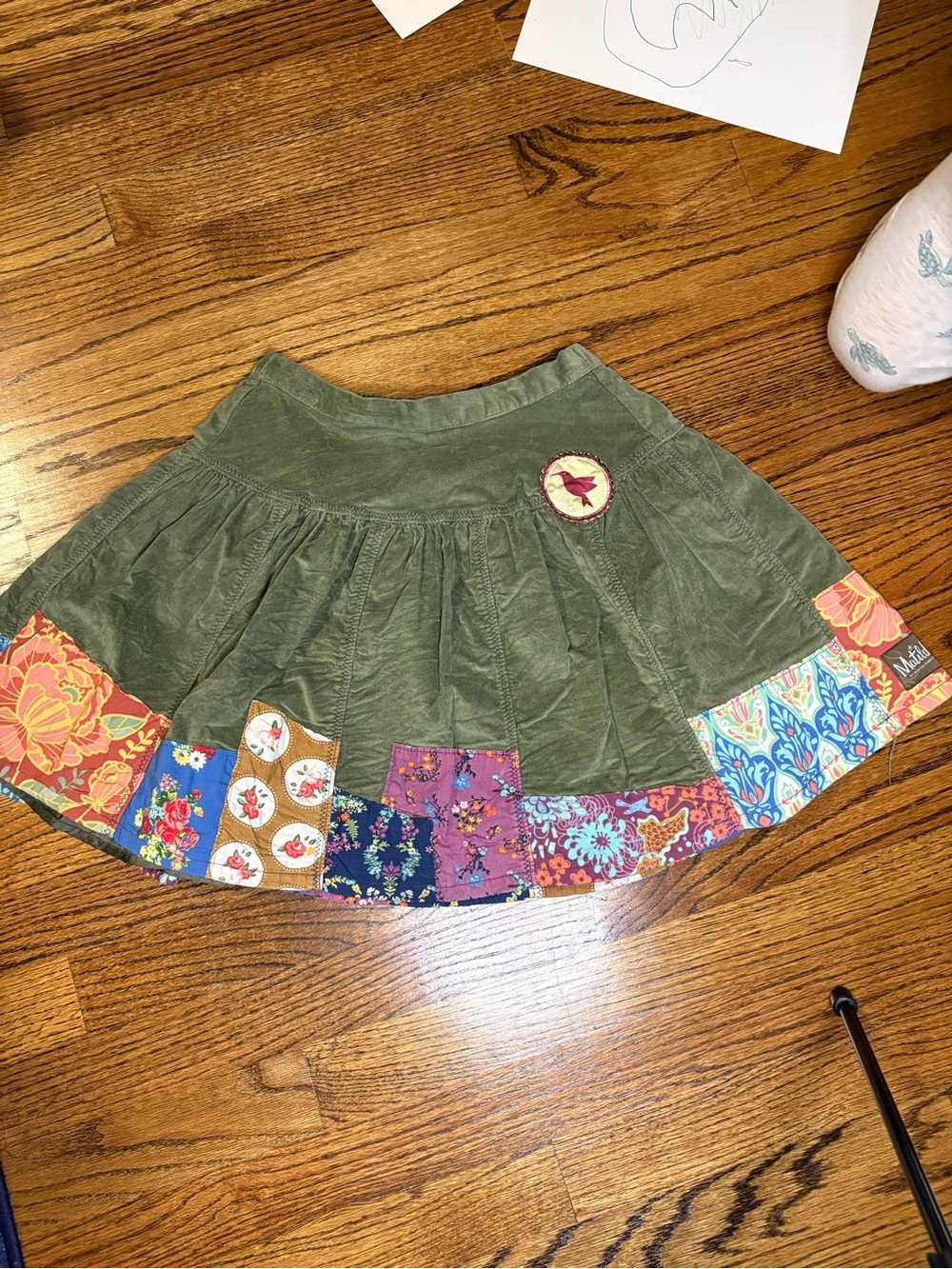 Matilda Jane Olive Green Corduroy Skirt with Multicolor Patchwork Hem